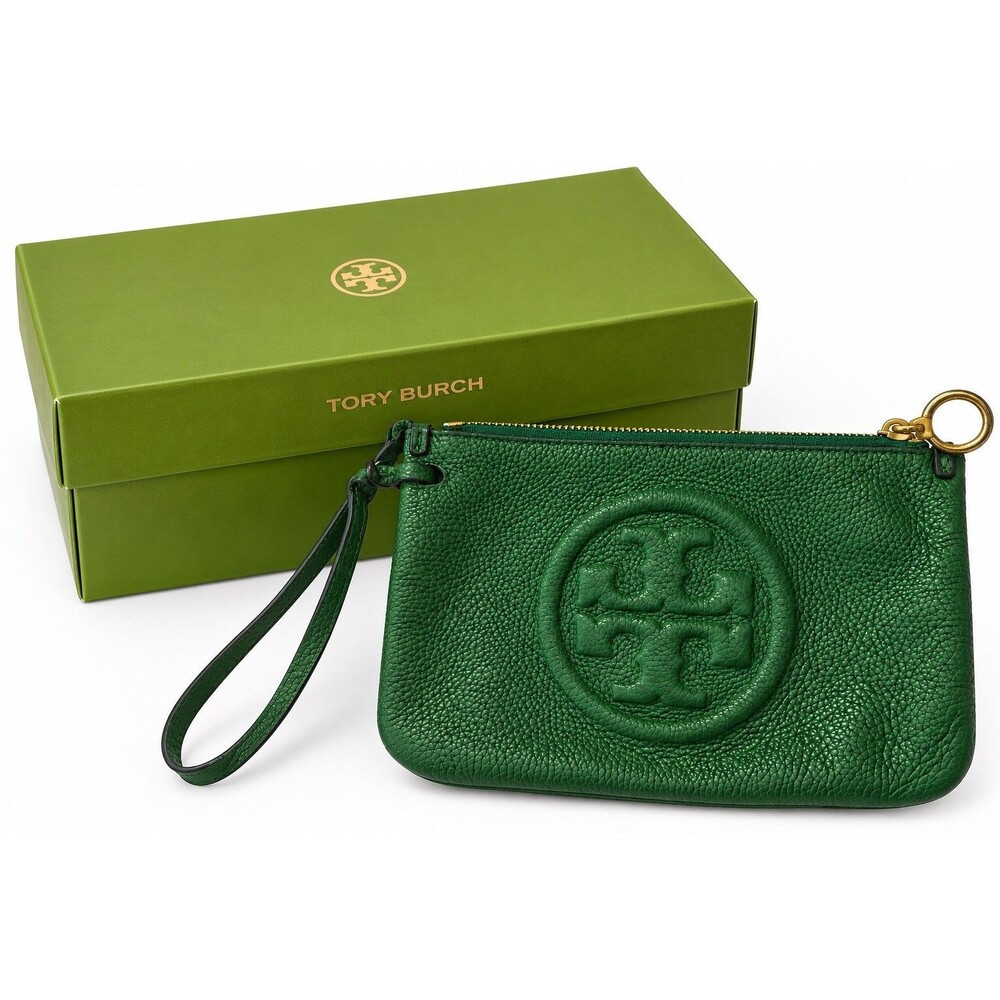 Tory Burch Bombé Green Pebbled Leather Wristlet Clutch Gold Box Quiet Luxury Y2K